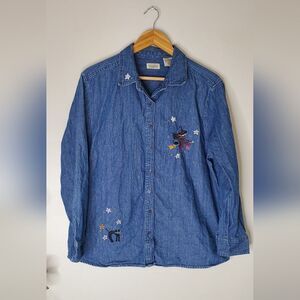 Classic Elements Embroidered Halloween Denim Shirt Womens Size 14